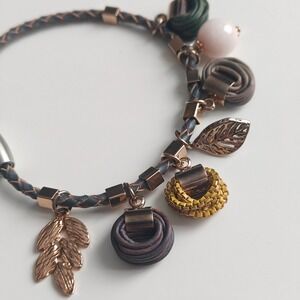 Braided Leather Charm Bracelet Rose Gold Leaf Mixed Media Boho Magnetic Clasp